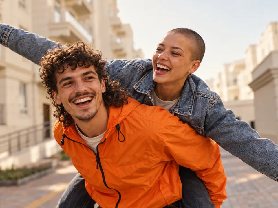 Two friends laughing as one carries the other piggyback down a sunny street