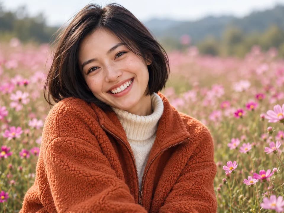 A smiling woman with a short black bob in an orange fleece in a field of pink flowers