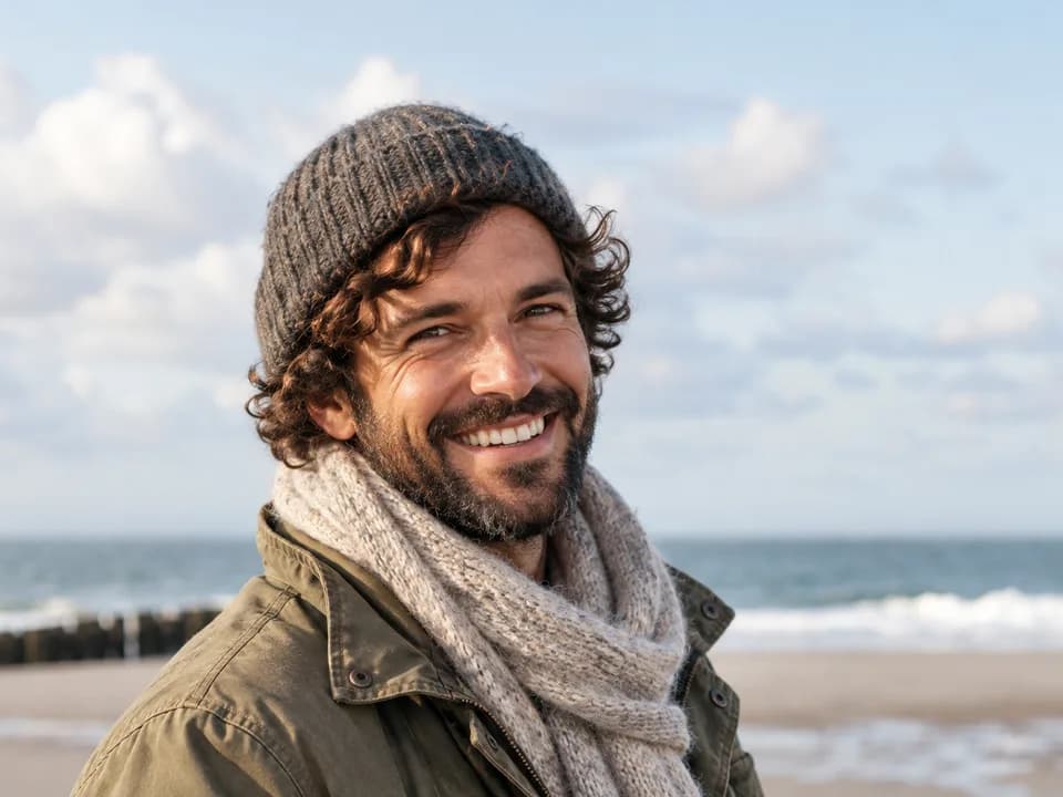 A bearded man in a beanie and scarf smiling on a windy beach