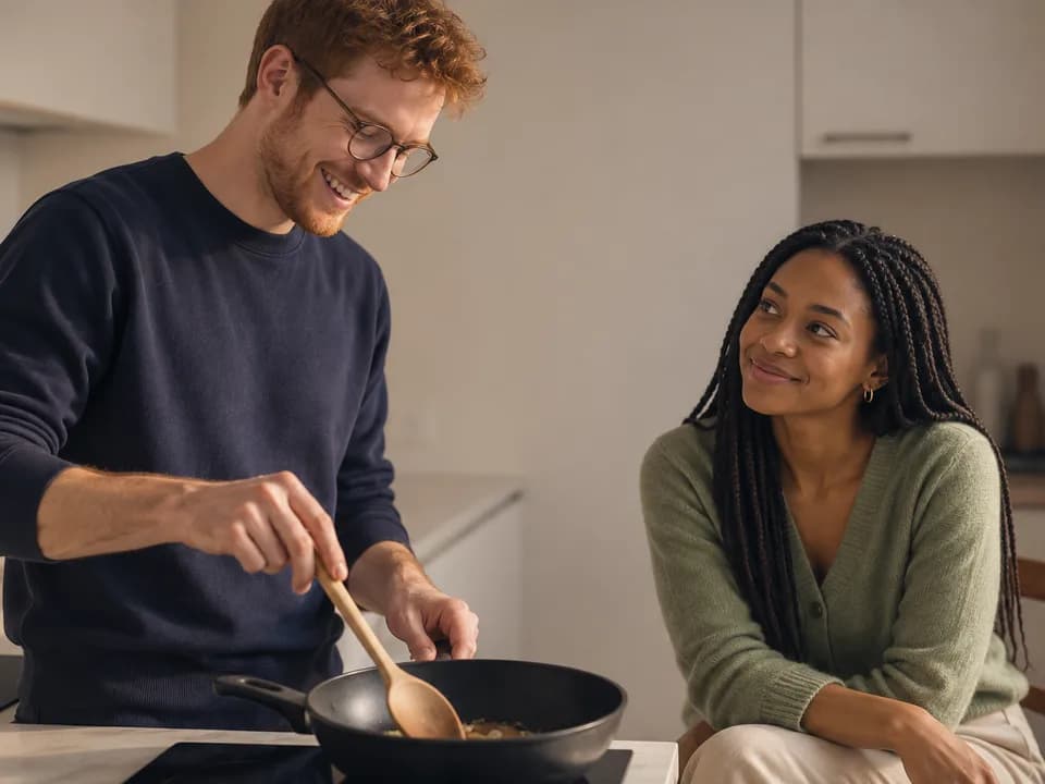 A man in glasses stirring a pan while a woman with long braids watches and smiles