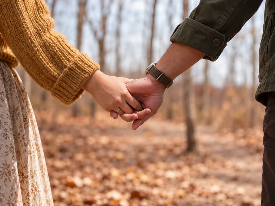 Two people holding hands as they walk along an autumn path
