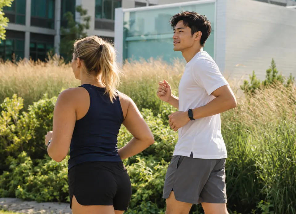 Two runners chatting on a path lined with tall grass near glass office buildings