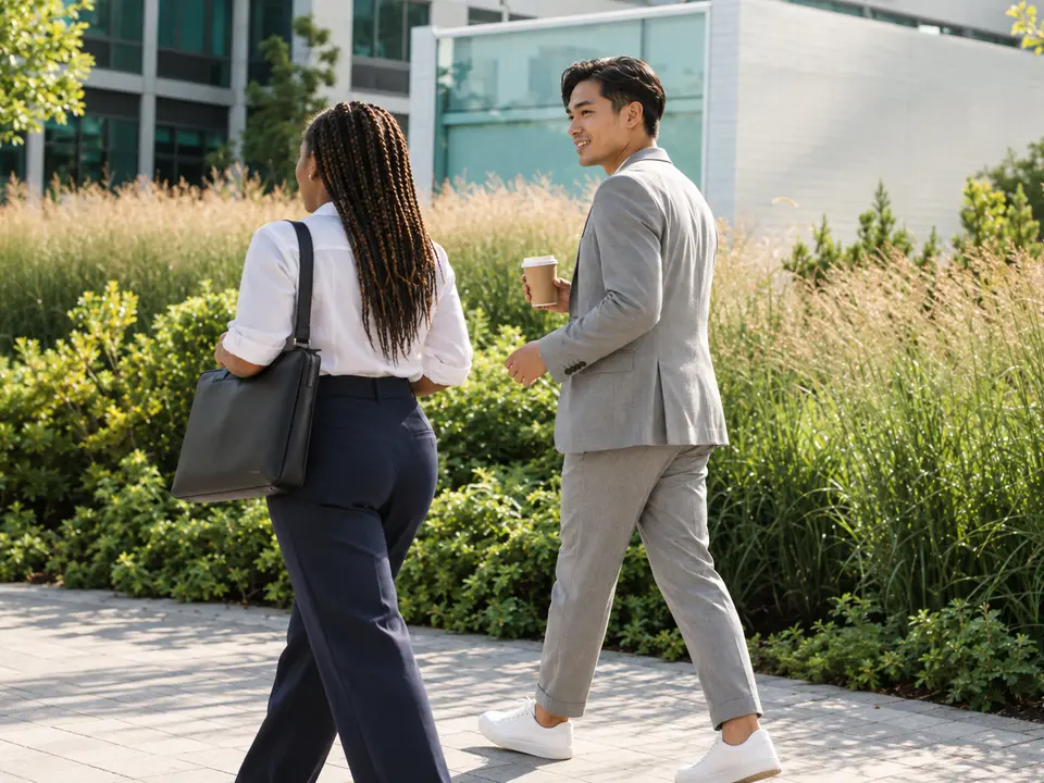 Two coworkers talking as they walk past a modern office building