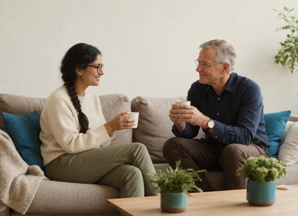 A woman with a long braid and an older man in glasses talking over cups of tea on a sofa