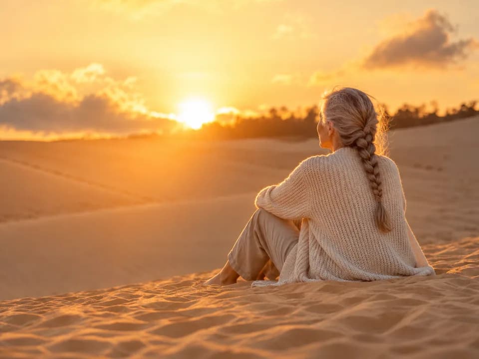 A woman with a silver braid sitting alone on a sand dune at sunset