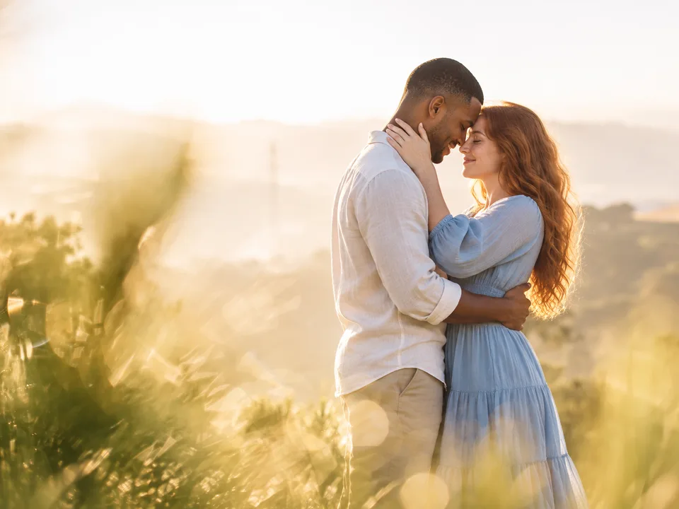A couple embracing with their foreheads together in a sunlit meadow