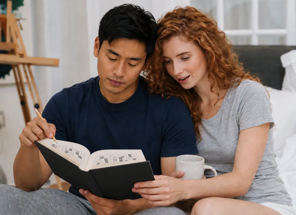 A man in a navy t-shirt working through a puzzle book with a pencil, a woman with red curls beside him