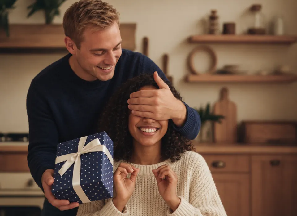 A man covering a woman's eyes as he holds out a navy gift box with a white ribbon