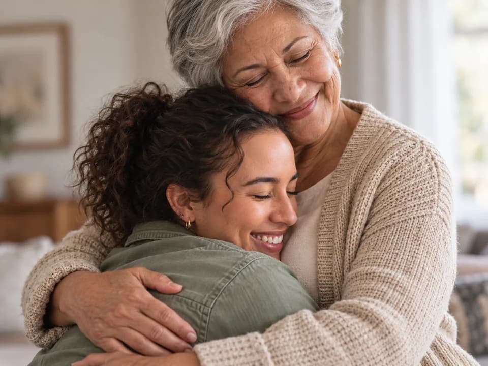 A grandmother with silver hair hugging her laughing granddaughter