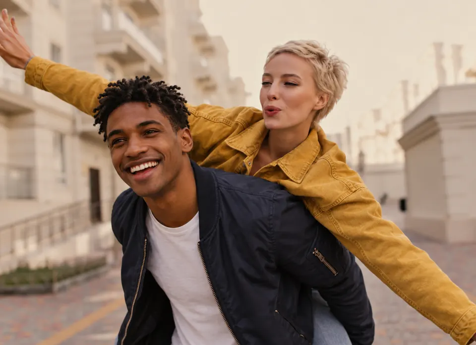 A laughing man in a navy jacket giving a piggyback to a woman with a platinum pixie cut