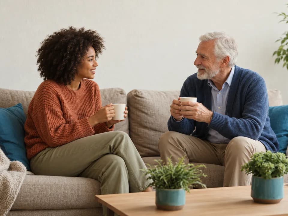 An older man and a young woman chatting over mugs on a sofa