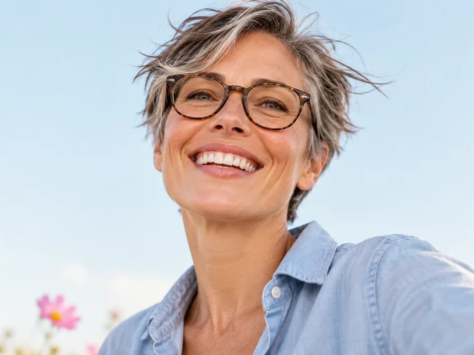 A woman with short grey hair and glasses smiling in the breeze