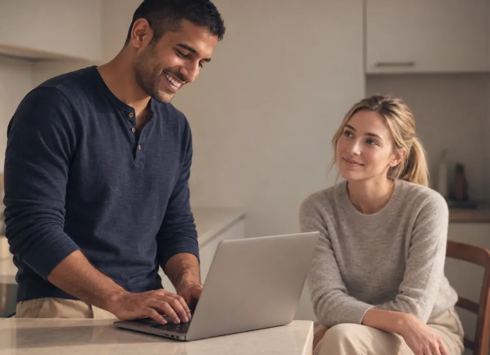 A man typing on a laptop at a kitchen counter while a woman in a grey sweater watches
